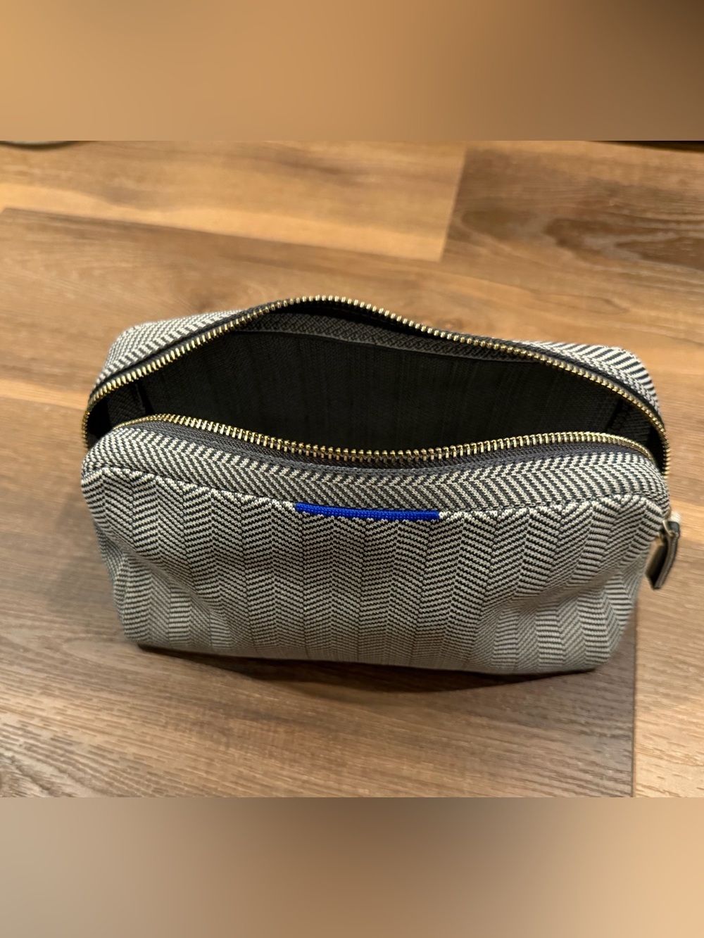 Rothy's Herringbone Cosmetic Pouch in Gray with Blue Accent